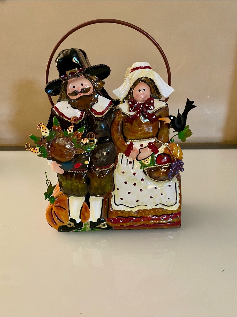 Home Interiors Autumn Pilgrim Couple Decorative Candle Holder - Brown and White